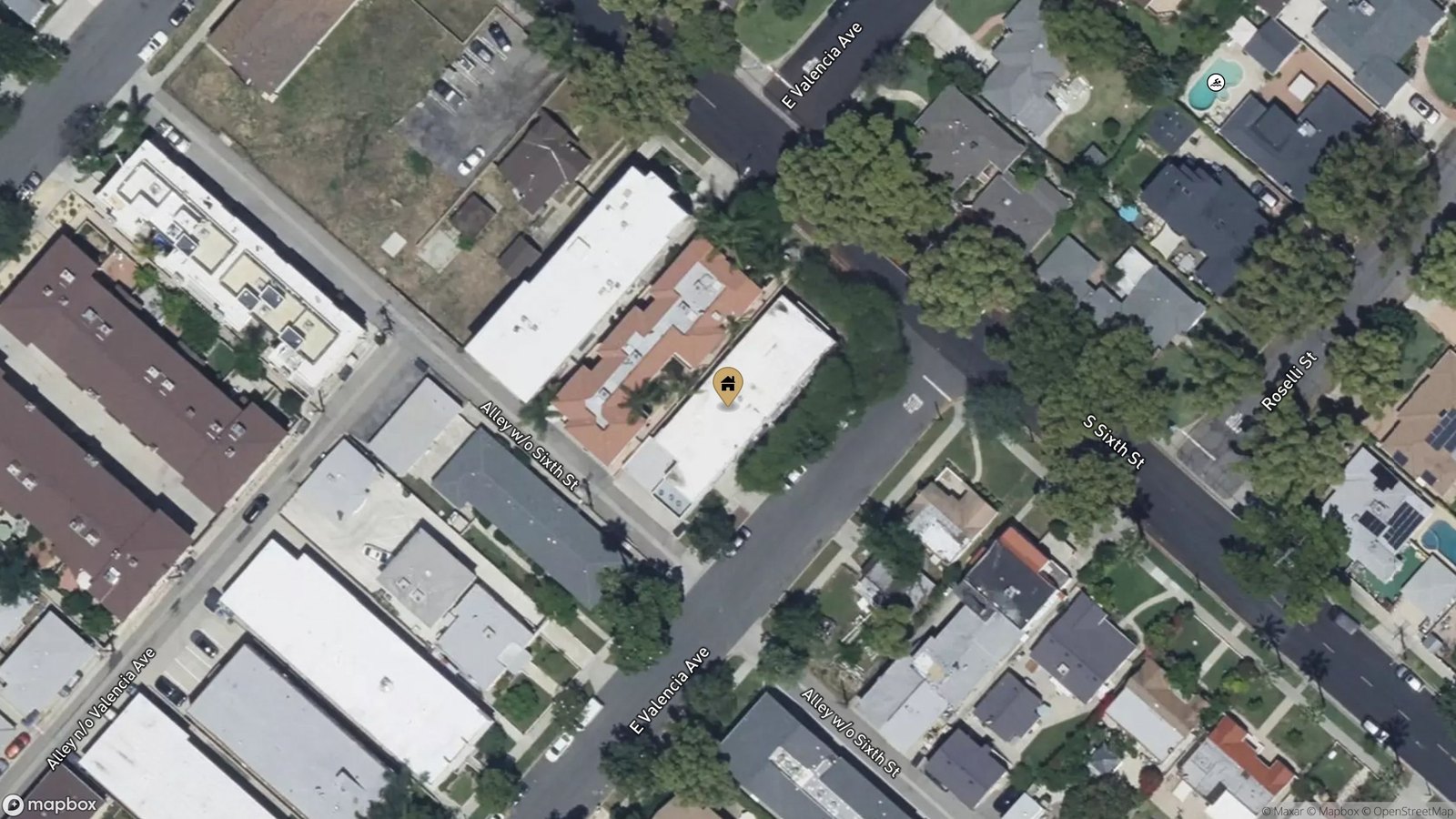 Aerial view with 825 S 6th St marked